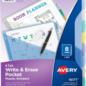 Avery Write & Erase Pocket Plastic Dividers for 3 Ring Binders, 8 Tab Set, Multicolor, Works with Sheet Protectors, 1 Set (16177)